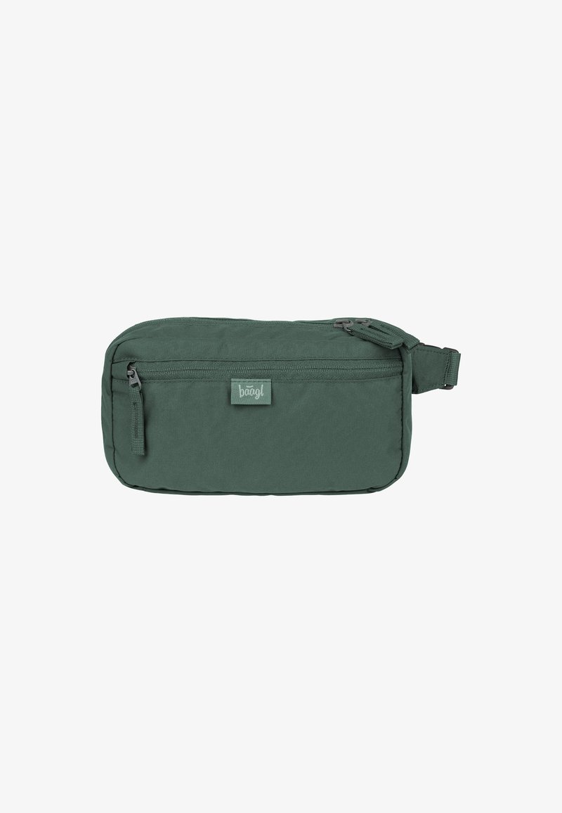 Busta in nylon verde a forma rettangolare, dotata di un compartimento principale con zip, una tasca frontale e un'etichetta con logo. Include una tracolla regolabile.