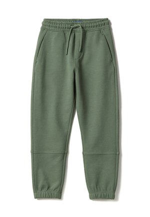 Pantalones deportivos verde oliva con cintura elástica, cordón ajustable, bolsillos laterales, detalles de costuras en las rodillas y puños elásticos en los tobillos.