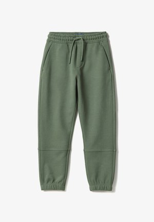 Pantaloni della tuta verde oliva con vita elasticizzata, coulisse, tasche laterali, dettagli cuciti sulle ginocchia e polsini elasticizzati alle caviglie.