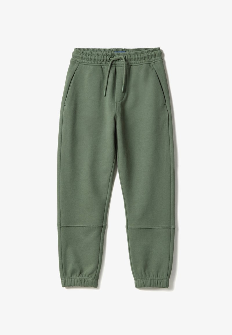 Pantalon de survêtement vert olive avec ceinture élastique, cordon de serrage, poches latérales, détails de couture aux genoux et poignets élastiques aux chevilles.