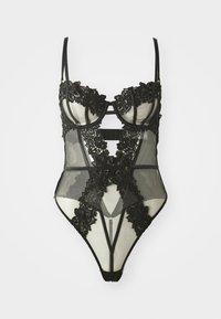 Musta pitsinen bodysuit, jossa on kukka-etikettikuvioita, läpinäkyviä verkko-paneeleja, säädettävät olkaimet ja leikkaussuunnittelu keskellä ja takana.