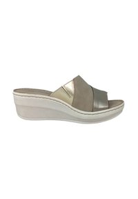Infradito con zeppa realizzati in una combinazione di pelle marrone chiaro e marrone metallizzato. Design open-toe con una suola in gomma bianca testurizzata.