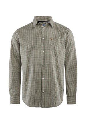 Men's long-sleeve shirt in green and brown checkered pattern, featuring a button-down collar and chest pocket. Made from woven fabric.