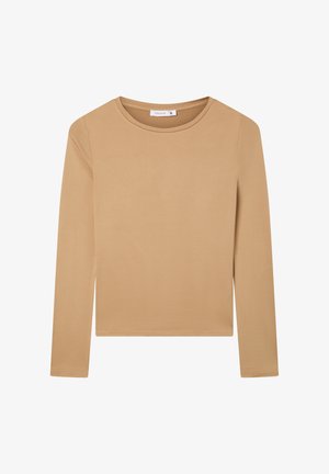 Maglia a maniche lunghe beige in tessuto morbido ed elastico con scollo rotondo e orlo dritto, caratterizzata da una texture semplice e liscia senza decorazioni.