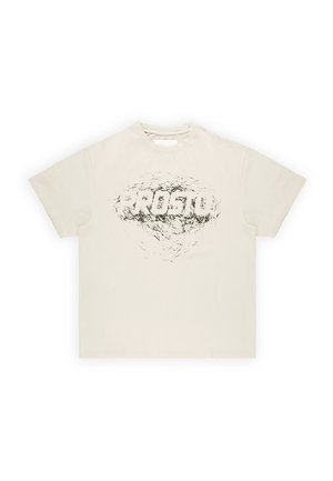 Kremowy bawełniany t-shirt z krótkim rękawem, z czarnym abstrakcyjnym wzorem graficznym na środku. Luźny krój i prążkowany, okrągły dekolt.