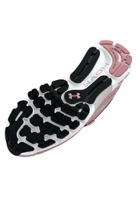 Running shoe sole with a black rubber traction pattern, white midsole, and pink accents. Features varied textures and a curved shape.