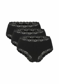 Svarta trosor för kvinnor, trepack. Tillverkade av mjukt tyg, med en delikat spetsmidja och kant med blommönster.