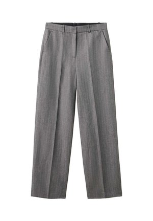Sive karirane hlače ravnog kroja s trenirkama za remen i bočnim džepovima, dizajnirane za formalno ili uredsko nošenje.