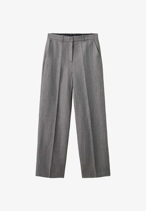 Sive karirane hlače ravnog kroja s trenirkama za remen i bočnim džepovima, dizajnirane za formalno ili uredsko nošenje.