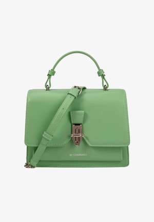 Sac à main structuré vert clair avec poignée supérieure, bandoulière réglable et fermeture à boucle argentée sur le rabat avant.