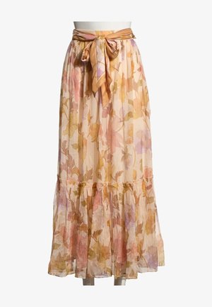 Jupe midi légère et fluide avec un imprimé floral doux rose, orange et jaune, avec une large ceinture nouée en nœud à la taille.