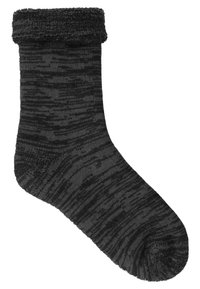 Schwarze und graue gemusterte Socke mit einem strukturierten, gerippten Oberteil und glattem Körper. Verfügt über eine abgerundete Zehenpartie und ein nahtloses Design.