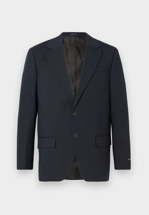 Blazer azul marino, cierre de dos botones, solapas de muesca, dos bolsillos frontales, tejido texturizado y un forro interior negro liso.