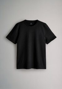 Zwart katoenen T-shirt met korte mouwen. Voorzien van een ronde halslijn en een gladde, zachte textuur zonder zichtbare patronen of hardware.