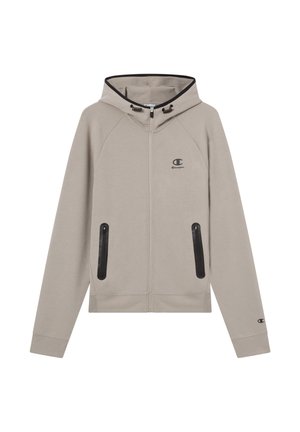 Felpa con cappuccio grigio chiaro con zip, cappuccio foderato di nero, due tasche frontali con zip e un piccolo logo sul petto. Tessuto dalla texture morbida.