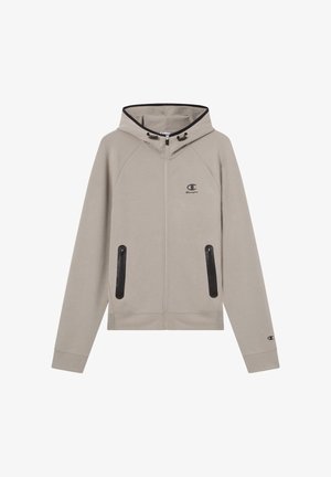 Felpa con cappuccio grigio chiaro con zip, cappuccio foderato di nero, due tasche frontali con zip e un piccolo logo sul petto. Tessuto dalla texture morbida.