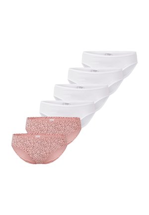 Fünferpack Damenunterhosen: drei weiße, zwei rosa mit einem gepunkteten Muster. Hergestellt aus glattem Stoff mit klassischem Slipschnitt und elastischem Bund.