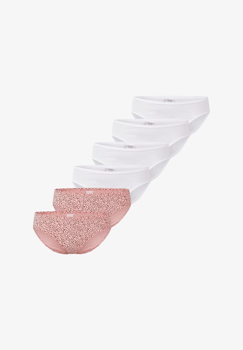 Pack de cinq culottes femmes : trois blanches, deux roses avec un motif à pois. Fabriquées en tissu lisse avec une coupe culotte classique et une taille élastique.