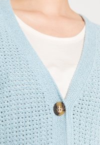 Vaaleansininen neulejakku, jossa on avoin tekstuuri, V-kaula-aukko ja edessä yksi pyöreä ruskea nappi, valkoisen paidan päällä.