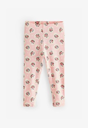 Roze rebraste tajice s cvjetnim uzorkom malih buketa i bijelim točkicama, napravljene od rastezljivog materijala za udobnost.