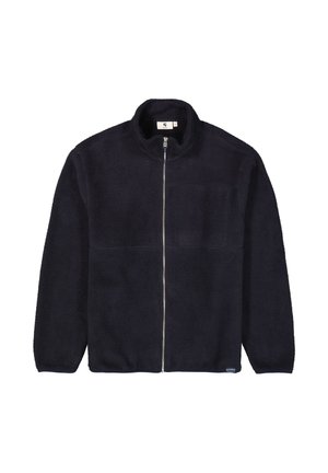 Navy blue fleece jacket with a full zip, high collar, and a chest pocket. Soft texture with a minimal design and no visible hardware accents.