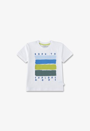 White cotton t-shirt featuring blue and green horizontal brushstroke stripes. Text reads "BORN TO EXPLORE MORE" in bold blue letters.