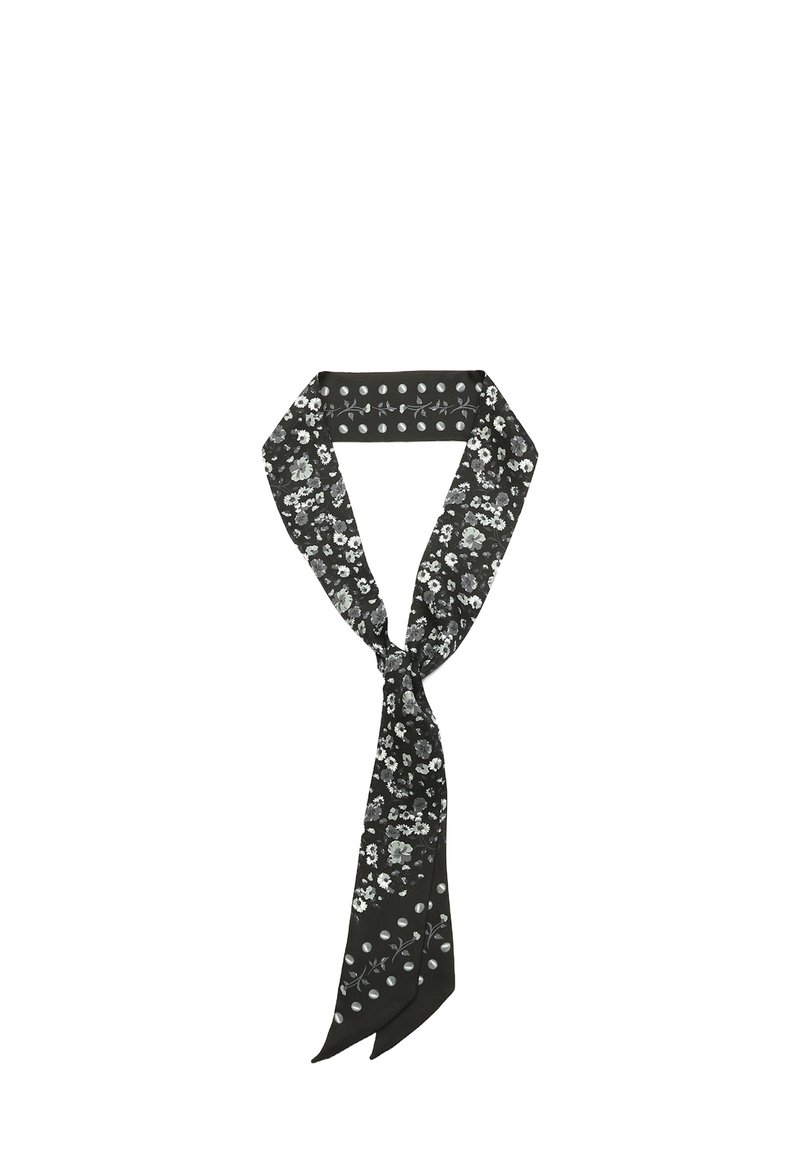Sciarpa nera con motivo floreale in bianco e grigio. Presenta una texture liscia, forma stretta e punte appuntite. Include accenti con il motivo della luna.