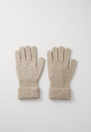 Beżowe rękawiczki dziane, z prążkowaną teksturą i składanym mankietem. Lewa rękawiczka zdobiona jest małymi koralikami i cekinami.