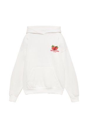 Sweat à capuche blanc au fit oversize, avec une poche avant et un graphique de fraise brodé accompagné du texte rouge "Berry bites So tasty."