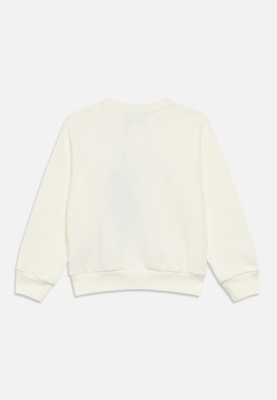 Sudadera blanca lisa de manga larga con puños, cintura y cuello acanalados, vista desde atrás sobre un fondo blanco.
