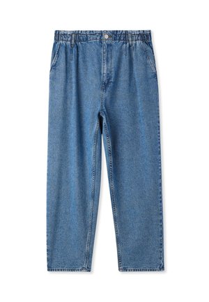 Pantaloni in denim azzurro chiaro con cintura elastica, vestibilità rilassata, gambe affusolate e design a cinque tasche. Tessuto liscio con una leggera scoloritura.