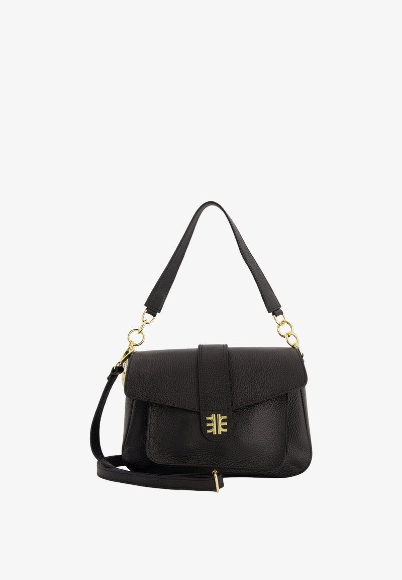 Black leather handbag with a textured finish, flap closure, and gold hardware accents. Features a detachable shoulder strap.
