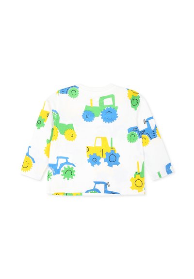 Camicia bianca a maniche lunghe con grafica di trattori e ingranaggi colorati in blu, verde, giallo e dettagli con faccine sorridenti.