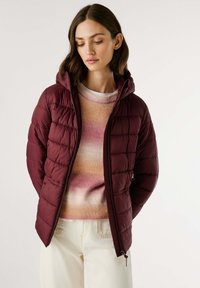 Vrouw in een kastanjebruine gewatteerde jas over een roze en beige gradient trui, met crèmekleurige wijde broek, staande tegen een effen achtergrond.