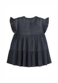Dunkelgraues Baumwollkleid mit Rüschensleeves, aus gestuftem Design und strukturiertem Stoff. Die Rückansicht zeigt geraffte Stufen und einen rundem Halsausschnitt.