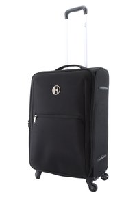 Black suitcase with a textured exterior, zippered front pocket, and a retractable handle. Four wheels for easy maneuverability.