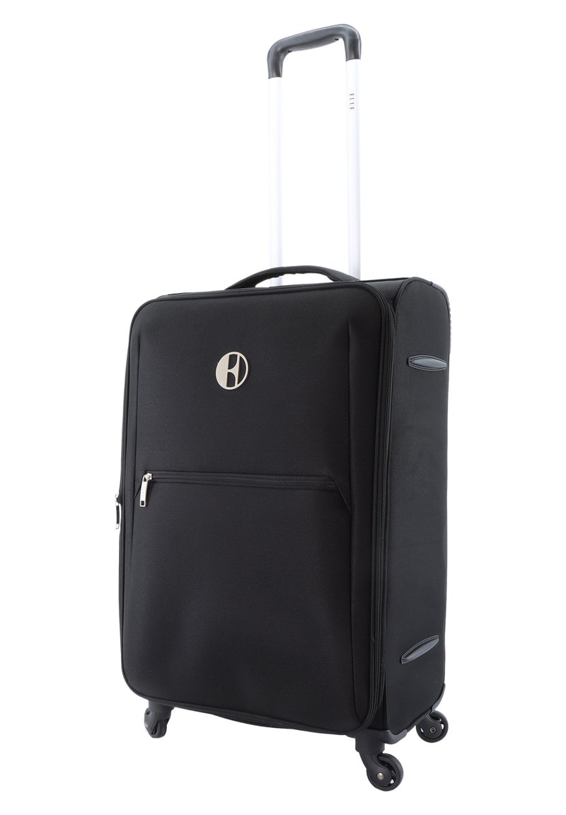 Black suitcase with a textured exterior, zippered front pocket, and a retractable handle. Four wheels for easy maneuverability.