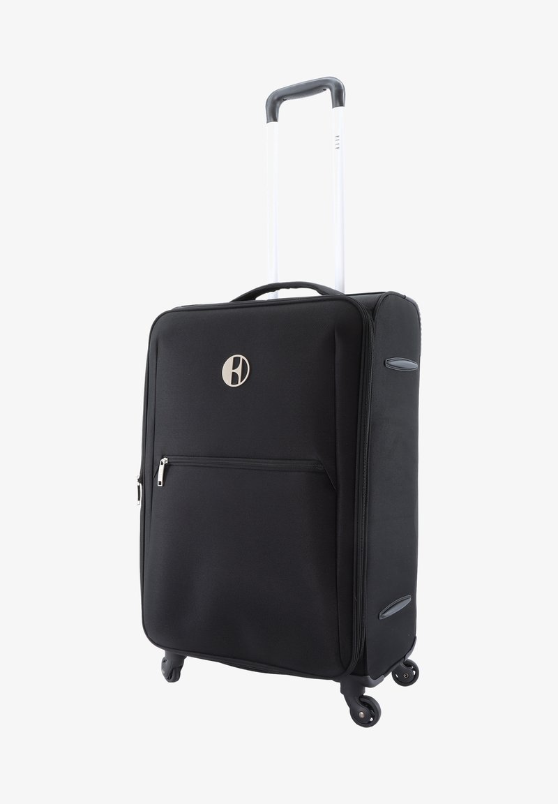 Black suitcase with a textured exterior, zippered front pocket, and a retractable handle. Four wheels for easy maneuverability.