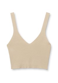 Top corto acanalado beige con escote profundo en V y tirantes finos, hecho de un tejido suave con un acabado texturizado.