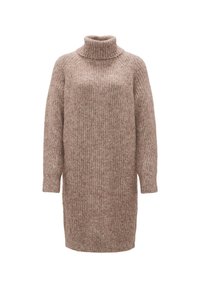 Strickkleid in Hellbraun mit gerippter Struktur, hohem Kragen und langen Ärmeln. Gerade Silhouette, knielang mit lockerer Passform.
