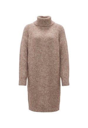 Knit sweater dress in light brown with a ribbed texture, high neck, and long sleeves. Straight silhouette, knee-length with a relaxed fit.