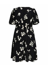 Rochie neagră până la genunchi cu model floral alb, mâneci scurte bufante și talie elastică strânsă, afișată aplatizată pe fundal alb.