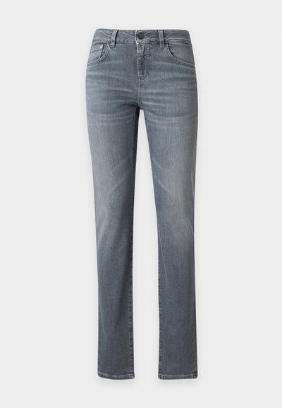 Jean droit gris en denim avec poches avant, passants de ceinture et taille boutonnée.