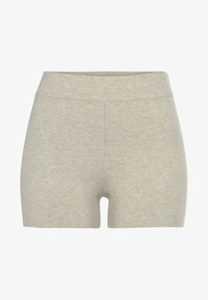 Bermudas de mezcla de algodón gris con una cintura elástica, que presentan una textura suave y un diseño simple y sin adornos.