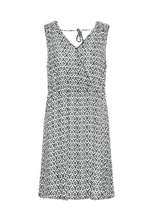 Sleeveless dress in navy and white with a geometric pattern. Features a V-neck and tie closure at the back. Flared hemline.