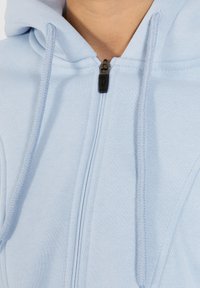 Felpa con zip azzurro chiaro, in tessuto testurizzato, con zip frontale e cordini, caratterizzata da dettagli di cucitura lungo le cuciture.