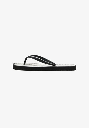 Tongs noires avec une semelle blanche texturée. Elles présentent un design plat avec deux fines lanières et une semelle intérieure rembourrée.