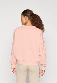 Világos rózsaszín pulóver, kerek nyakkal és bordázott mandzsettákkal. A hátsó nézeten laza szabás látható, hímzett díszítésekkel az ujjakon.