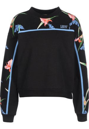 Sweatshirt noir avec un motif floral aux accents rose, orange et bleu. Il dispose d'un col rond, de manches longues et d'un passepoil bleu sur les côtés.