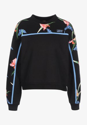 Felpa nera con design floreale in accenti rosa, arancione e blu. Presenta un collo rotondo, maniche lunghe e piping blu lungo i lati.